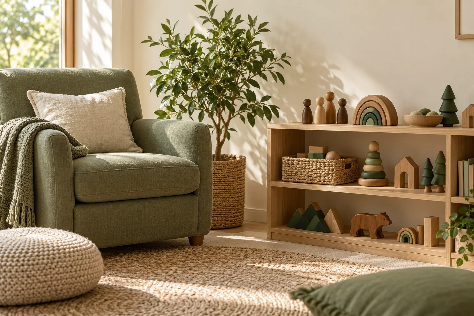 A sage armchair and pale oak shelf in an imaginary studio.